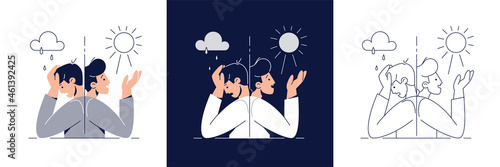 Bipolar disorder illustration set. Man suffers from mood swings, split mania and depression period. Manic depression, Mental mood disorder concept collection for web, banner design.Modern flat vector photo