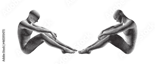 Two men are sitting opposite each other on the floor, looking down and thinking about a problem. Despair, depression, hopelessness or addiction concept. 3D model of man. 3D vector illustration.