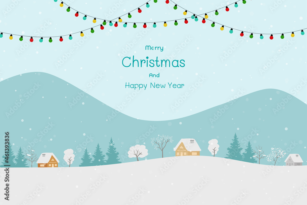 Merry Christmas and Happy new year greeting card with cute countryside on winter concept