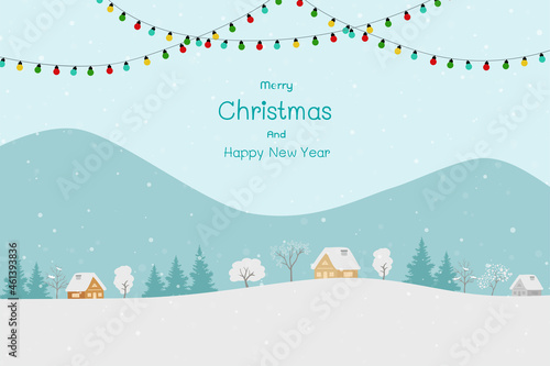 Merry Christmas and Happy new year greeting card with cute countryside on winter concept