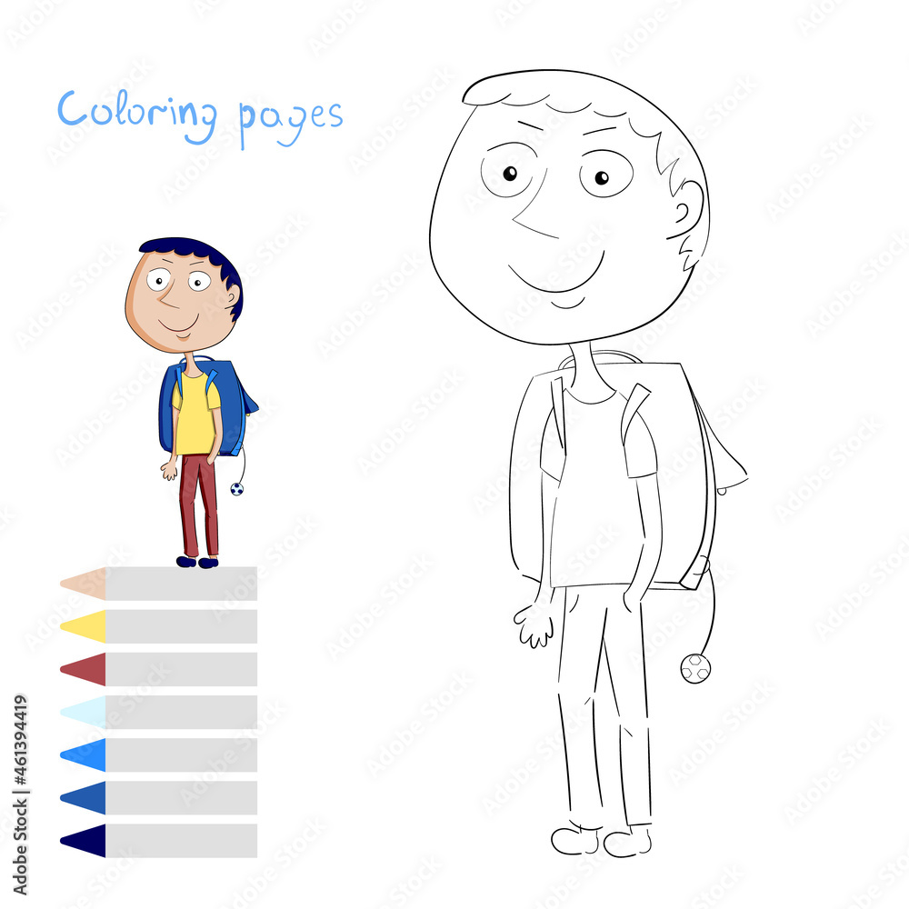 Children's coloring pages.Cheerful little boy with a backpack.Vector design, children's and school themes