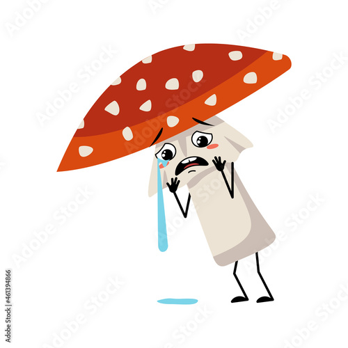 Cute amanita character with crying and tears emotion, sad face, depressive eyes, arms and legs. Fly Agaric Mushroom from forest with melancholy expression