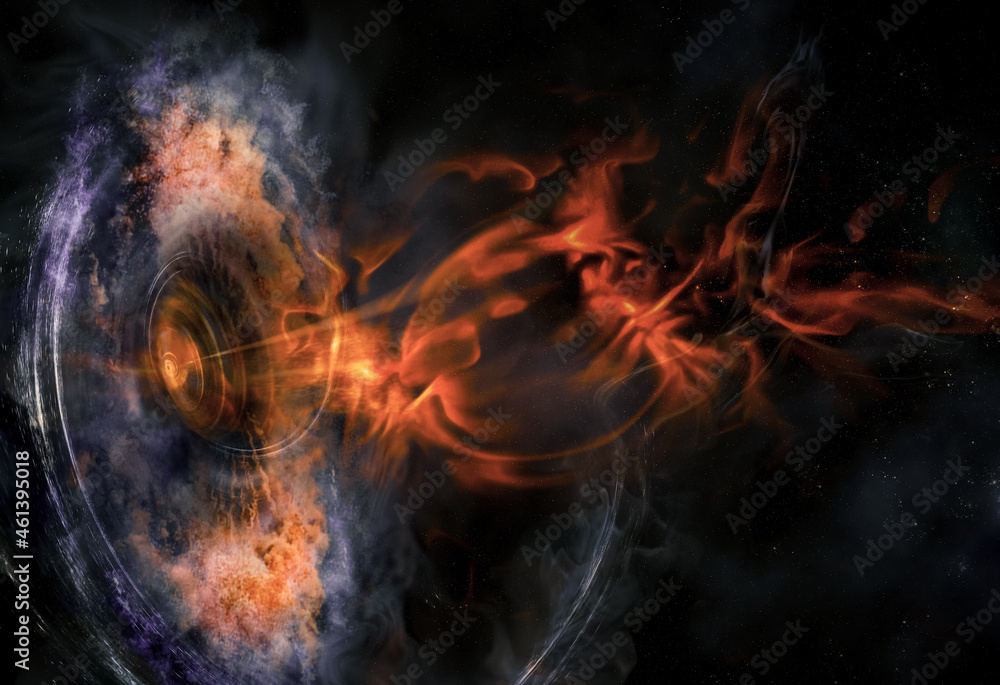 Abstract space wallpaper. Black hole with nebula over colorful stars and cloud fields in outer space. Plasma flame bursts out of the collapsar. Elements of this image furnished by NASA. - obrazy, fototapety, plakaty 