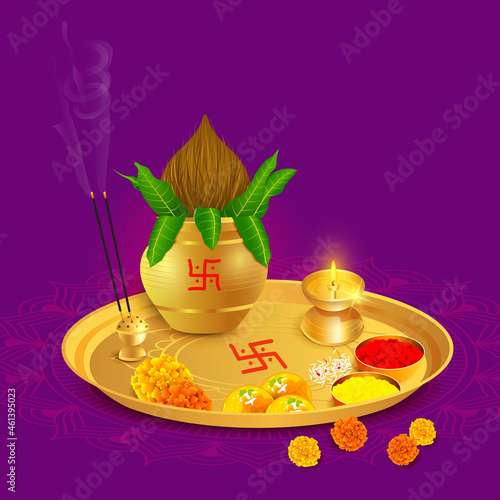 Elegant Golden Brass Aarti thali with kalash for Indian Festivals 