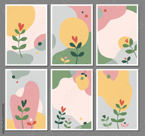 Vector set of posters with a sprout of love. Abstract plant art design with a place for text. Modern beautiful posters with abstract shapes. Printable minimal wall art. Flat cartoon style.