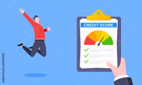 Good credit score business concept with clipboard, score gauge meter and happy person jumping in the air flat style design vector illustration. Excellent rating for credit or mortgage loans.