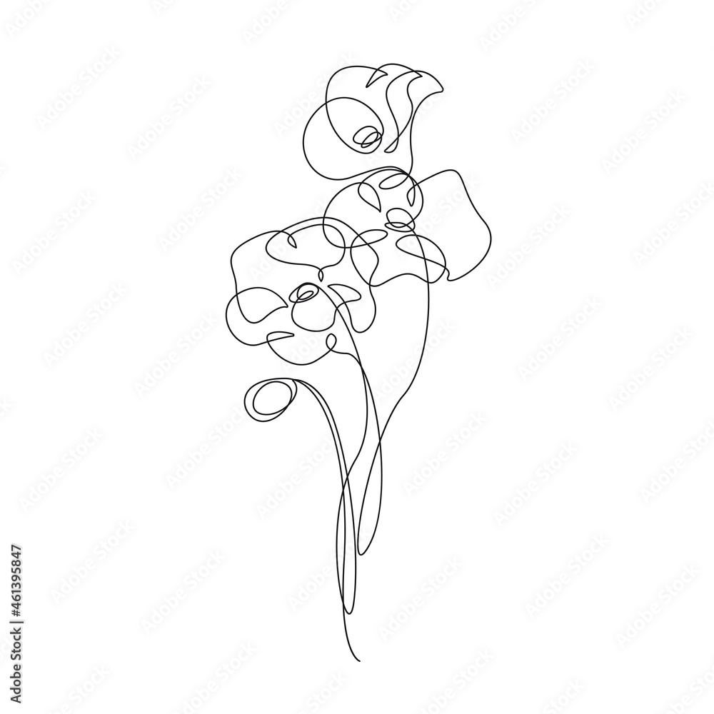 Flower Poppy Line Art Drawing. Botanical Line Art for Wall Decor, Prints, Posters, Logo. Abstract Plant with Leaves Minimalist Modern Style. Vector EPS 10