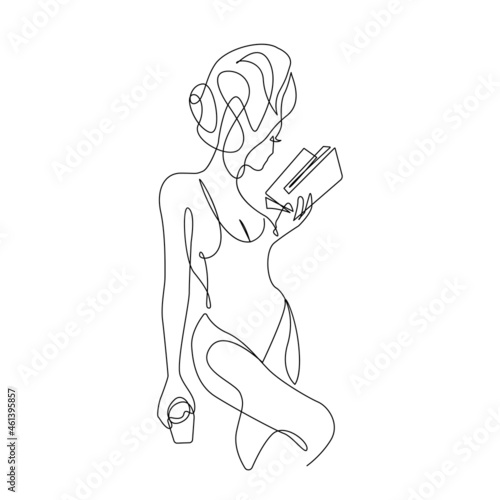 Minimalistic Female Figure and Book One Line Drawing. Linear Woman Body. Female Body Modern Abstract Line Art Drawing. Vector Illustration.