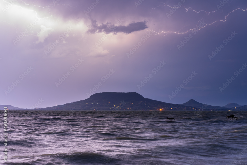 Lightning storm over lake balaton in Hungary