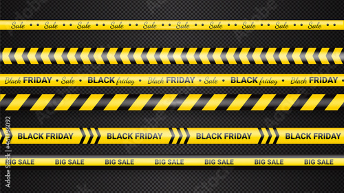 Black Friday warning tapes, ribbobs. Template for black Friday sale. Background with danger tapes, police ribbon sign variation. Vector illustration.