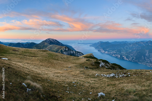 Photography Colorful sky at sunrise at lake garda from top of monte baldo, monte altissimo