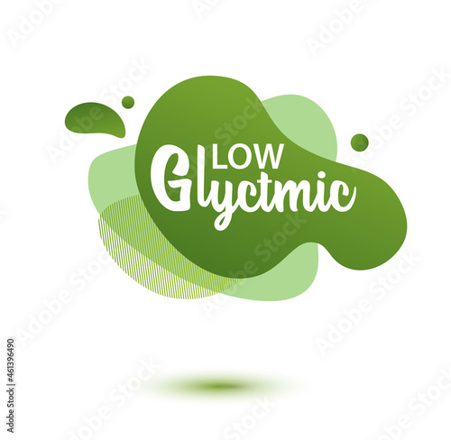 Glycemic low badge. Green amoeba design of sticker for diet menu, poster, flyer, food packaging.