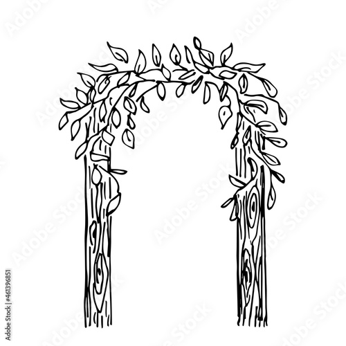 Simple vector black outline drawing. Natural decorative arch, wooden columns and foliage. Ink sketch. Passage through the forest, thickets.