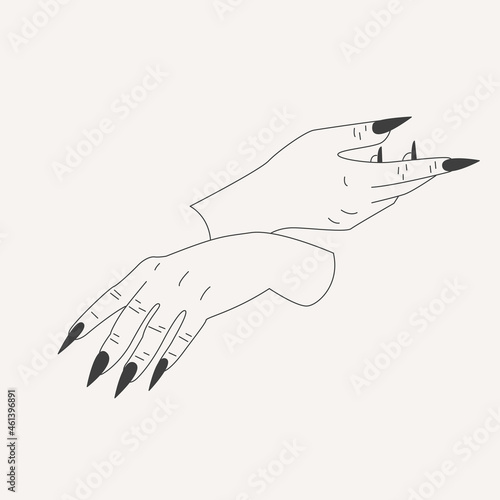 Hand drawn vector illustration of hands with long black nails. Design for print, stickers, flash tattoo.