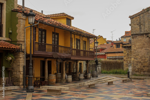 Urban view of an ancient medieval square with traditional edification in the north of Spain