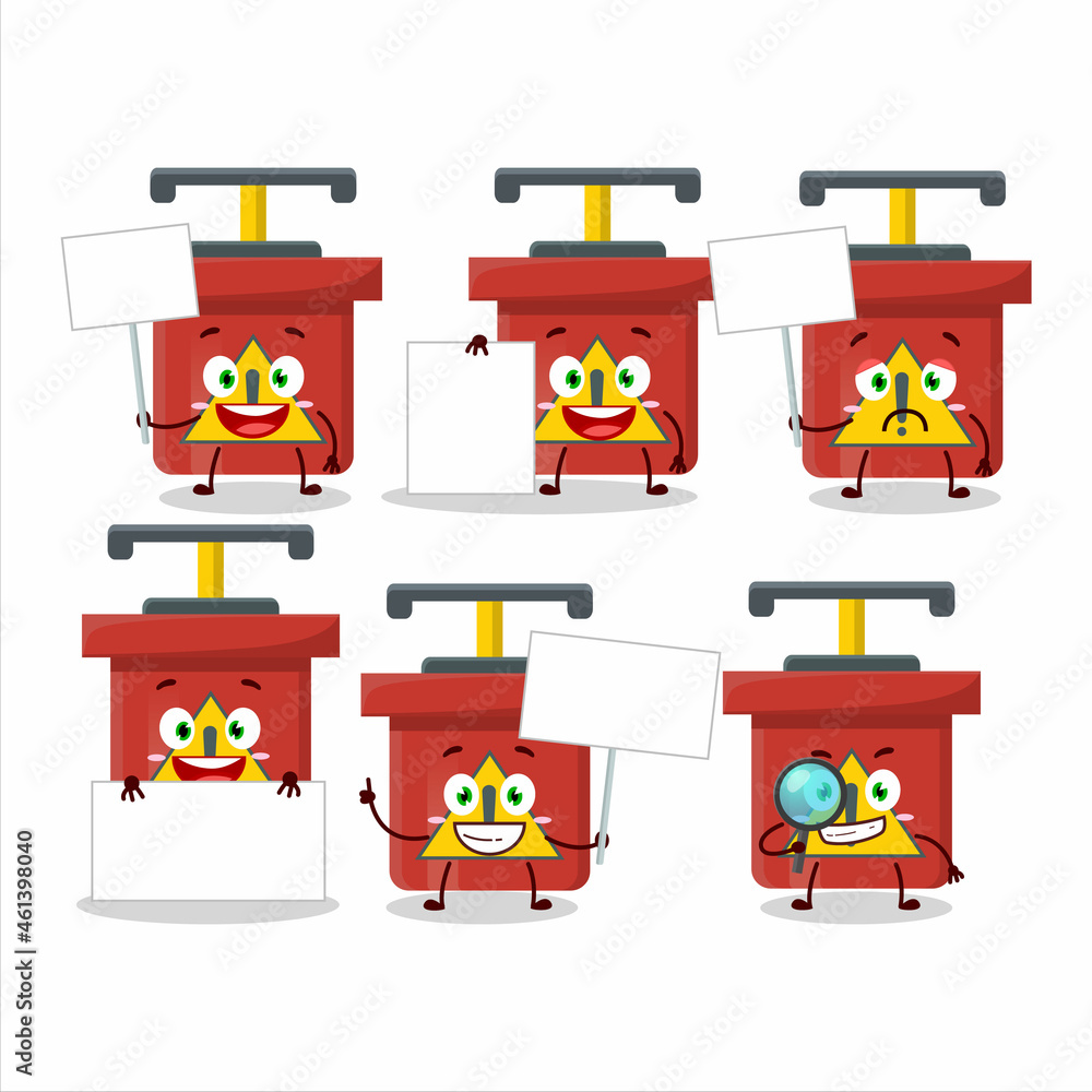 Fototapeta premium Dynamite Blasting Machine cartoon character bring information board