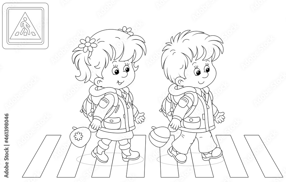 Cheerful little schoolboy and schoolgirl with backpacks going to their