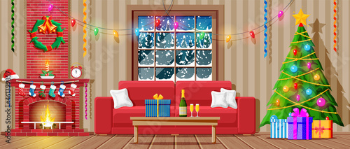 Cozy Interior of Living Room with Window, Sofa, Table, Fireplace, Christmas Tree. Happy New Year Decoration. Merry Christmas Holiday. New Year and Xmas Celebration. Cartoon Flat Vector Illustration