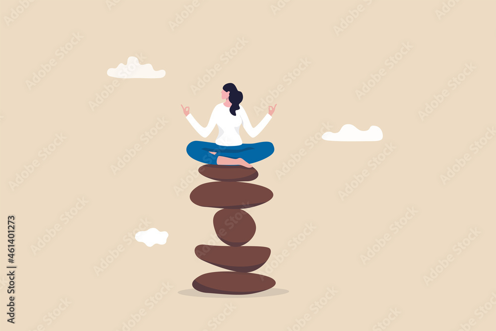 Mindfulness meditation to balance work and life, mental health healing with relaxing yoga, enjoy freedom, peace and solitude concept, calm peaceful woman meditate sitting on stack of zen rock pyramid. - obrazy, fototapety, plakaty 