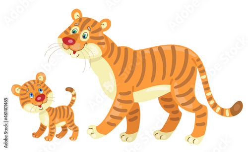Fototapeta Naklejka Na Ścianę i Meble -  Adult tiger with a funny cub. Happy family of animals. In cartoon style. Isolated on white background. Vector flat illustration.