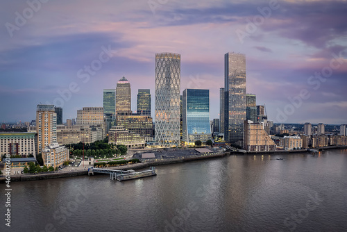 Aerial view of the skyline at the financial district of Canary Wharf in London, United Kingdom, during sunset time