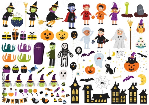 Halloween elements set. Big collection with witches, kids in costumes, vampire, zombi, etc. Halloween clipart bundle. Vector illustration