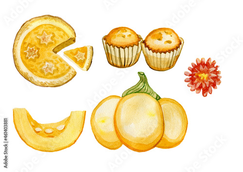 Pumpkin pastries cupcakes and pies watercolor by hand autumn mood