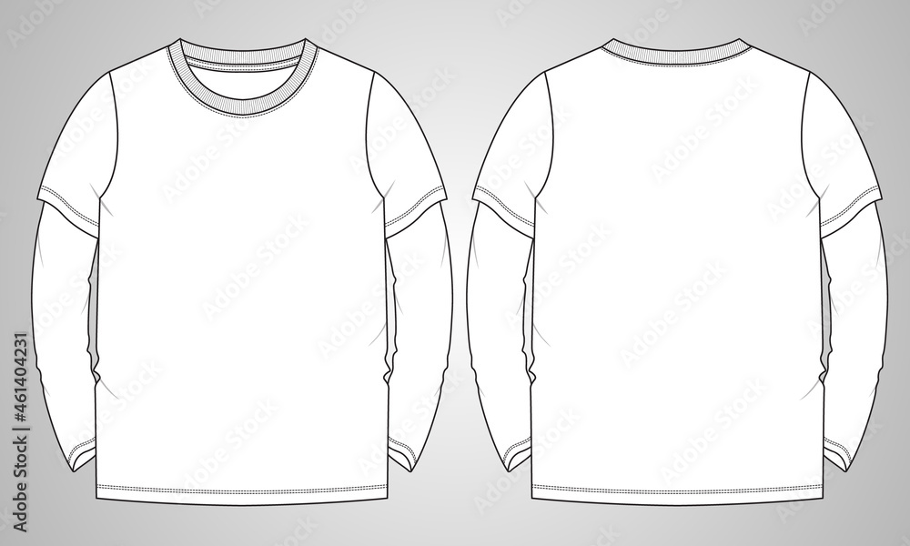Long sleeve T shirt overall technical fashion flat sketch vector Illustration template front and back views isolated on white background. Basic apparel Design Mock up for Men's, Kids and boys.
Long sleeve T shirt overall technical fashion flat sketch vector Illustration template front and back views isolated on white background. Basic apparel Design Mock up for Men's, Kids and boys.