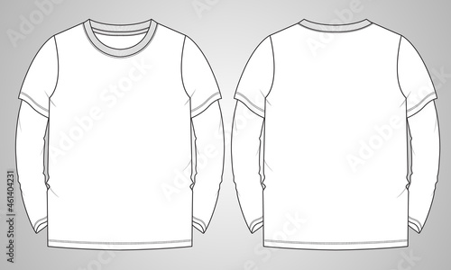 Long sleeve T shirt overall technical fashion flat sketch vector Illustration template front and back views isolated on white background. Basic apparel Design Mock up for Men's, Kids and boys.
