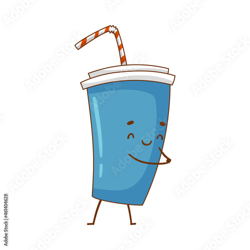 Happy funny smiling blue soda cup with straw cartoon character vector illustration