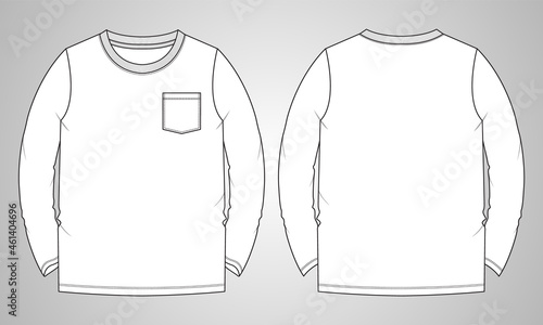 Long sleeve Basic T-shirt With pocket overall technical fashion flat sketch vector Illustration template front and back views. Basic apparel Design Mock up for Kids, boys and men's.