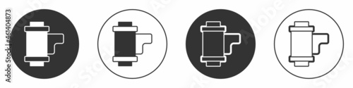 Black Camera vintage film roll cartridge icon isolated on white background. 35mm film canister. Filmstrip photographer equipment. Circle button. Vector