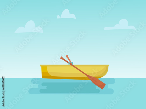 Yellow rowboat on sea. Horizontal background with seascape