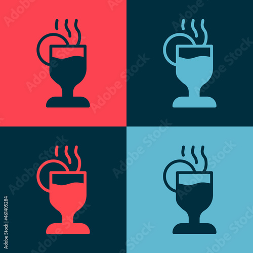 Pop art Mulled wine with glass of drink and ingredients icon isolated on color background. Cinnamon stick, clove, lemon slice. Vector
