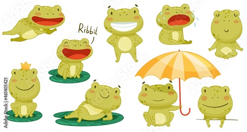 Cute frog activities set. Green funny amphibian toad character smiling, jumping and croaking cartoon vector illustration