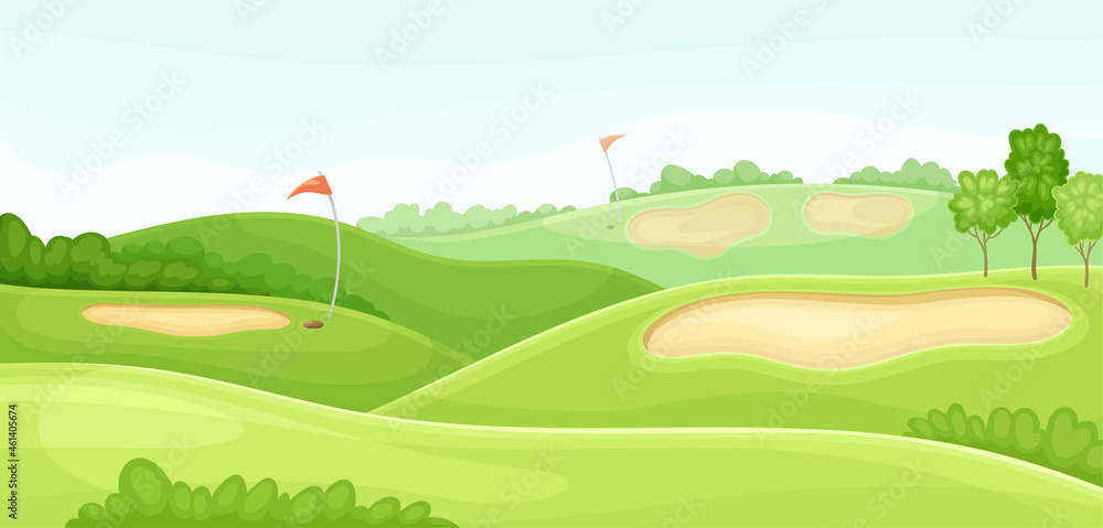 Countryside golf course with holes, red flags and sand bunker. Play tournament, competition invitation card, poster, banner, template vector illustration