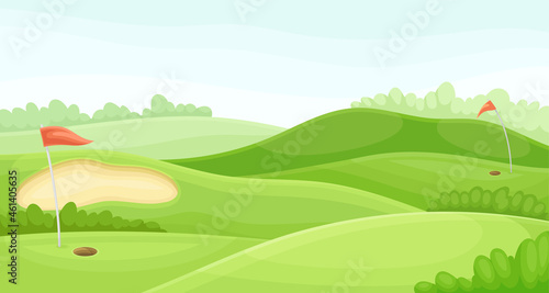 Countryside golf course with holes and red flags. Play tournament, competition invitation card, poster, banner, template vector illustration