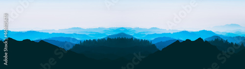 Blue landscape background banner panorama illustration -.Breathtaking view with black silhouette of mountains  hills and forest