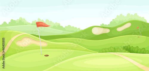 Green golf course with hole, red flag and sand traps. Play tournament, competition invitation card, poster, banner, template vector illustration