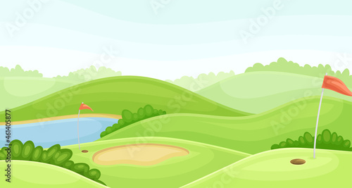 Countryside golf course with hole, red flag, sand traps and lake. Play tournament, competition invitation card, poster, banner, template vector illustration