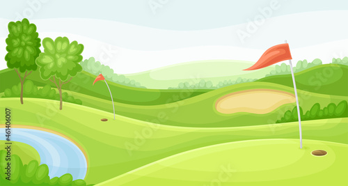 Countryside golf course. Summer beautiful landscape vector illustration
