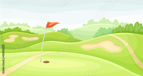 Golf course with hole, red flag and sand traps. Green summer beautiful landscape vector illustration