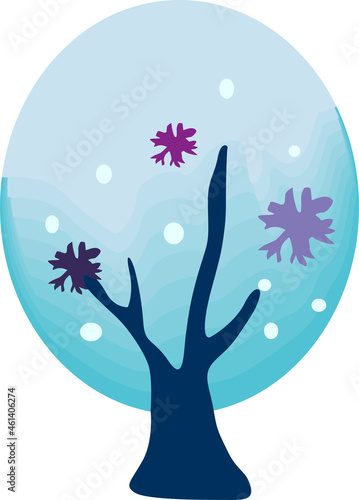 winter tree with snowflakes in blue, vector drawing, isolate on a white background
