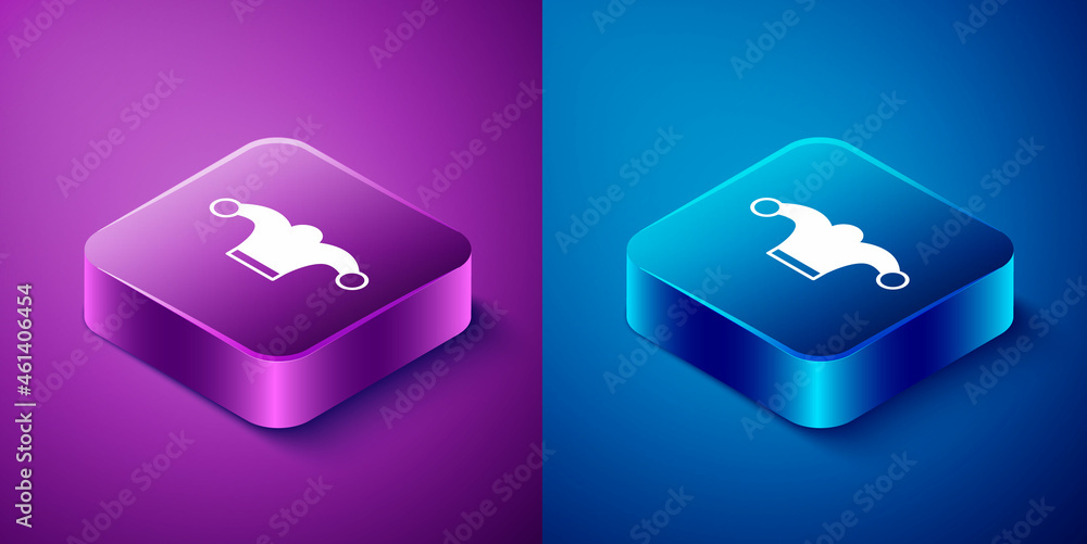 Isometric Jester hat with bells isolated on blue and purple background. Clown icon. Amusement park funnyman sign. Square button. Vector Isometric Jester hat with bells isolated on blue and purple background. Clown icon. Amusement park funnyman sign. Square button. Vector