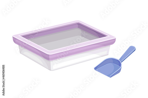 Cat litter box and scoop. Plastic toilet for pet animals vector illustration