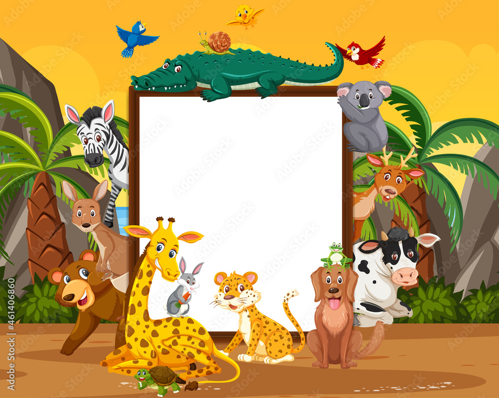 Fototapeta premium Empty wooden frame with various wild animals in the forest
