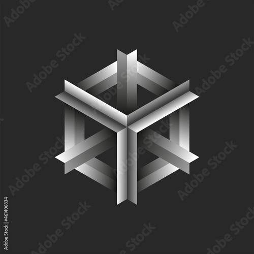 Cube logo technological emblem, intersecting gradient gray-white corners, cubic 3D metal structure from an angular profile.