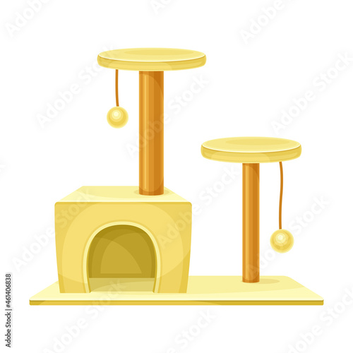 Cat tree house with scratching post and hanging ball. Pet animals supply vector illustration