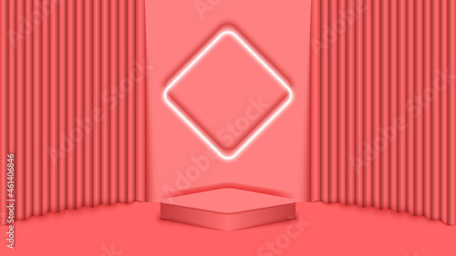 3d stage for product presentations with a square platform and diamond-shaped lighting on a soft red wall with curtains. Interior design of concert hall vector background.