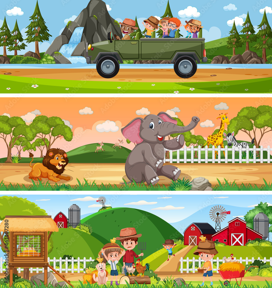 Fototapeta premium Different nature landscape at daytime scene with cartoon character